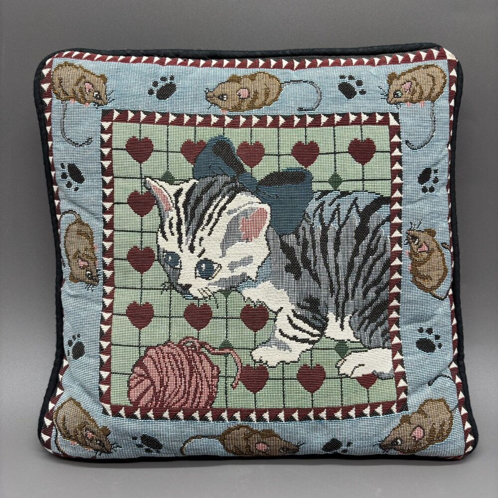 Vintage Tapestry Throw Pillow Cat Mouse Yarn 12" Square Kitten 90s Cottagecore